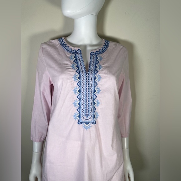 J. McLaughlin Embroidered V-Neck Tunic Lightweight Check Pink Blue Sz M Preppy - Picture 15 of 15
